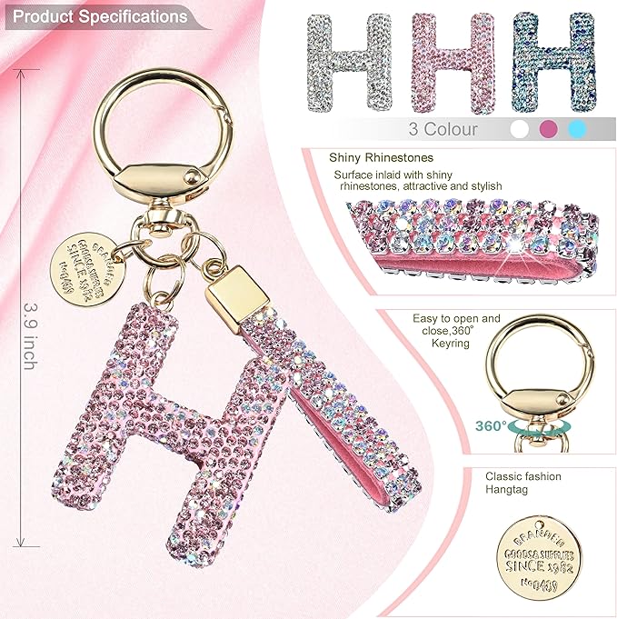 Pink Blue White Initial Letter Keychain Gift for Women Girls Bling Sparkly Cute Backpack Car Key Accessories Lanyard