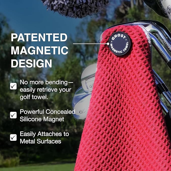 Ghost Golf Magnetic Towel (Greenside) - Premium Ultra-Absorbent Microfiber Golf Towel with Magnet for Golf Carts or Clubs - 18" x 18" Golfing Gear - Waffle Weave Pattern (White)