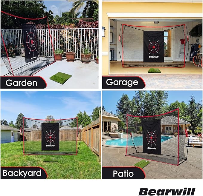 Bearwill Golf Net, 10x7ft Heavy Duty Golf Practice Nets with Mat, Target Cloth, 8 Tees, 6 Balls, Carry Bag for Backyard Driving Chipping Indoor Outdoor Training