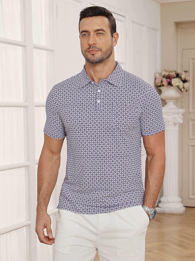 Lexiart Mens Golf Shirt Short Sleeve Dry Fit Print Moisture Wicking Performance Patterns Collared Polo Shirt with Pocket