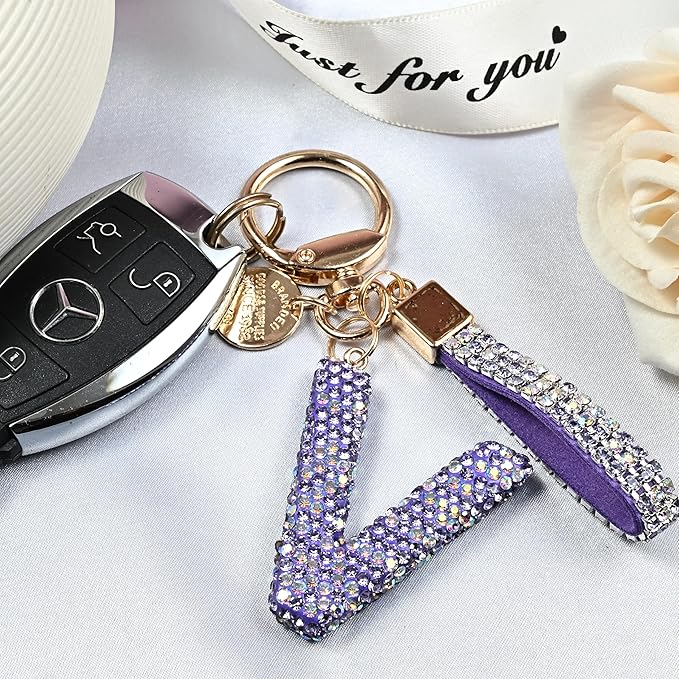 Pink Blue White Initial Letter Keychain Gift for Women Girls Bling Sparkly Cute Backpack Car Key Accessories Lanyard
