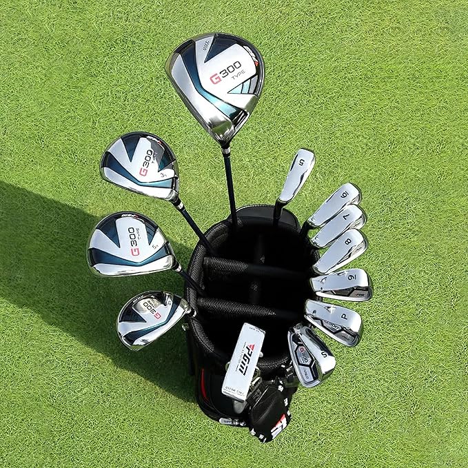 PGM 18 Pieces Men’s Golf Club Set 12pcs Clubs – Titanium #1 Driver, Draw-Biased Hybrid, High-Strength Irons, Forgiving Putter, Stand Bag with 5 Head Covers