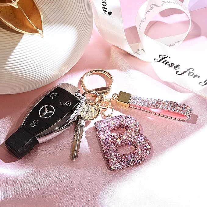 Pink Blue White Initial Letter Keychain Gift for Women Girls Bling Sparkly Cute Backpack Car Key Accessories Lanyard