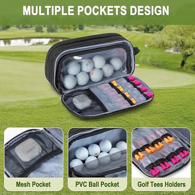 Golf Glove Holder Case with 2 Glove Shaper, Protective Golf Ball Bag Accessory Storage Organizer for Tees Balls Markers, Golf Gifts for Men Women, Black