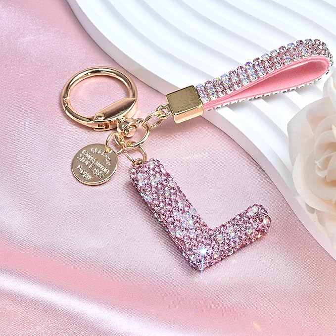 Pink Blue White Initial Letter Keychain Gift for Women Girls Bling Sparkly Cute Backpack Car Key Accessories Lanyard