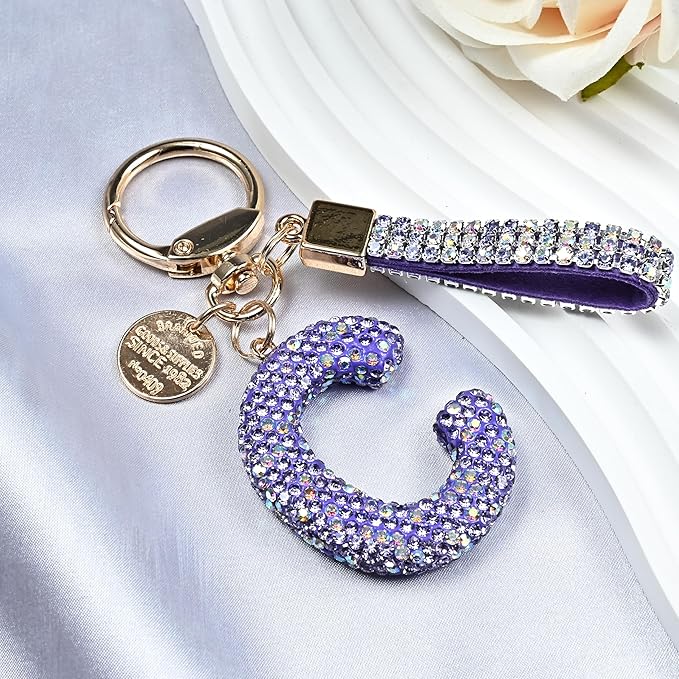 Pink Blue White Initial Letter Keychain Gift for Women Girls Bling Sparkly Cute Backpack Car Key Accessories Lanyard