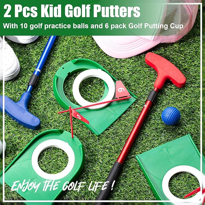 Lenwen Mini Golf Putting Set Include 2 Golf Putter Adjustable Length 2 Way for Right or Left Handed Golfers 10 Practice Balls 6 Putting Cup with Flags for Kids Indoor Gift Office Tournament