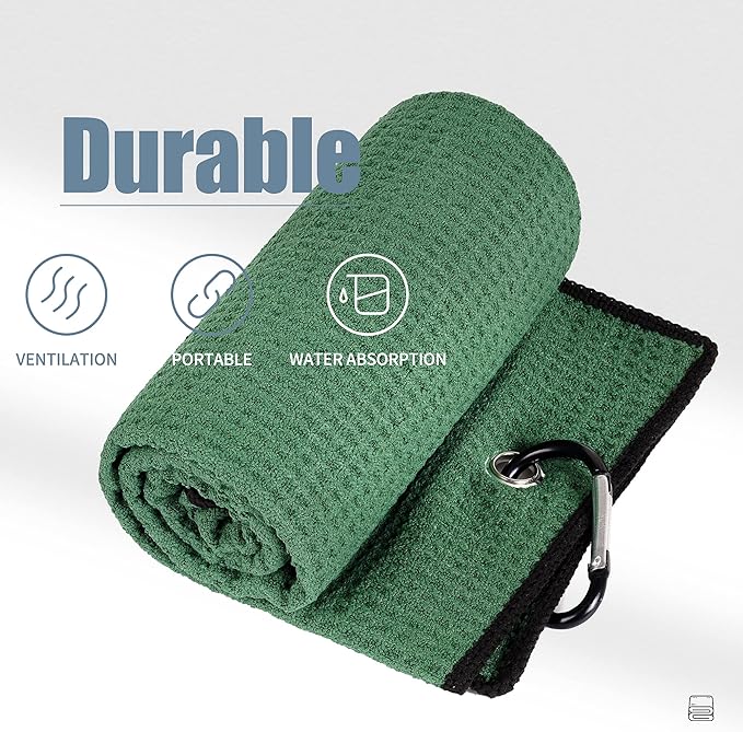 Mile High Life Tri-fold Golf Towel | 16" X 24" | Premium Microfiber Fabric | Waffle Pattern | with Heavy Duty Carabiner Clip | for Men and Women (2 Pack Green)