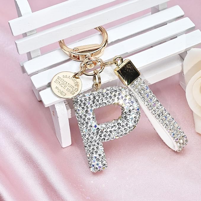 Pink Blue White Initial Letter Keychain Gift for Women Girls Bling Sparkly Cute Backpack Car Key Accessories Lanyard