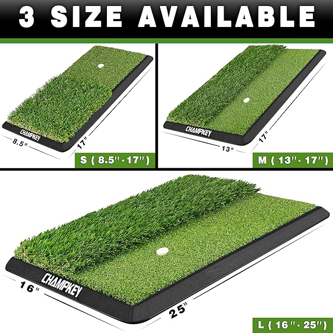 CHAMPKEY Dual-Turf Golf Hitting Mat | Come with 9 Golf Tees & 1 Rubber Tee | Heavy Duty Rubber Backing Golf Practice Mat Ideal for Indoor & Outdoor Training