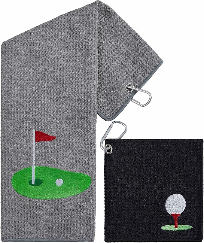 Embroidered Golf Towel Set – Custom Towels for Golf Bags & Carts – Golf Accessories & Gifts for Kids, Men, & Women – Microfiber Waffle and Ball Towels – Putting Design - 2-Pack