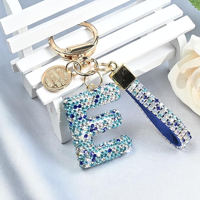 Pink Blue White Initial Letter Keychain Gift for Women Girls Bling Sparkly Cute Backpack Car Key Accessories Lanyard