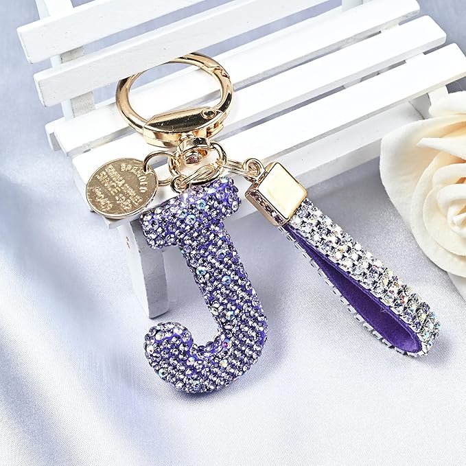 Pink Blue White Initial Letter Keychain Gift for Women Girls Bling Sparkly Cute Backpack Car Key Accessories Lanyard