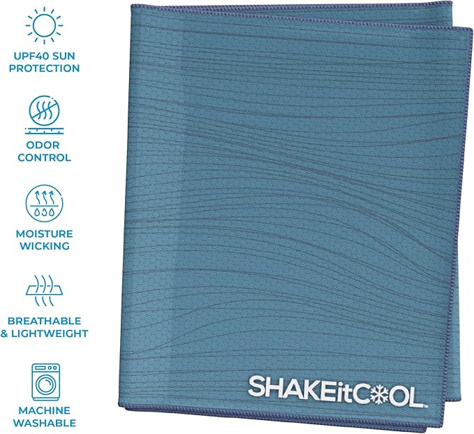 SHAKEitCOOL Extended Size Cooling Towel – Be Cool in Style - Heat Relief, Soft, Lightweight, Sun Protection, Easy Clean - Perfect for Biking, Hiking, Running, Yoga, Golf, Gardening - Steel Wave M