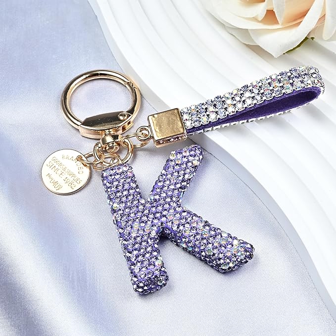 Pink Blue White Initial Letter Keychain Gift for Women Girls Bling Sparkly Cute Backpack Car Key Accessories Lanyard