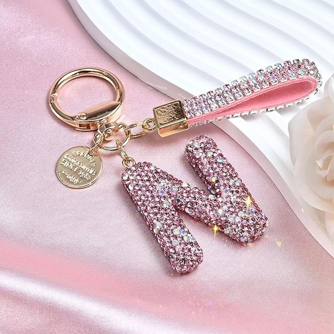 Pink Blue White Initial Letter Keychain Gift for Women Girls Bling Sparkly Cute Backpack Car Key Accessories Lanyard