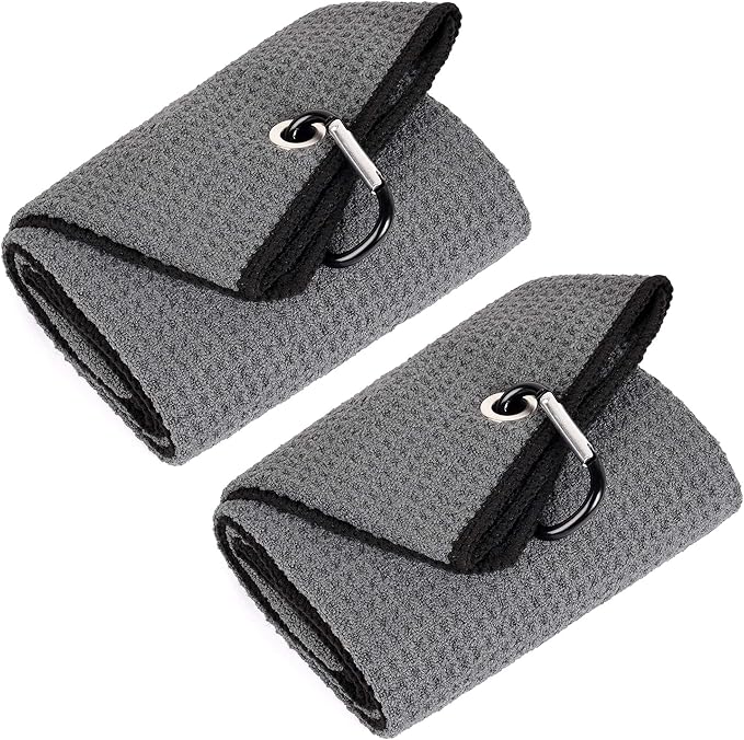 Mile High Life Tri-fold Golf Towel | 16" X 24" | Premium Microfiber Fabric | Waffle Pattern | with Heavy Duty Carabiner Clip | for Men and Women (2 Pack Dark Gray)
