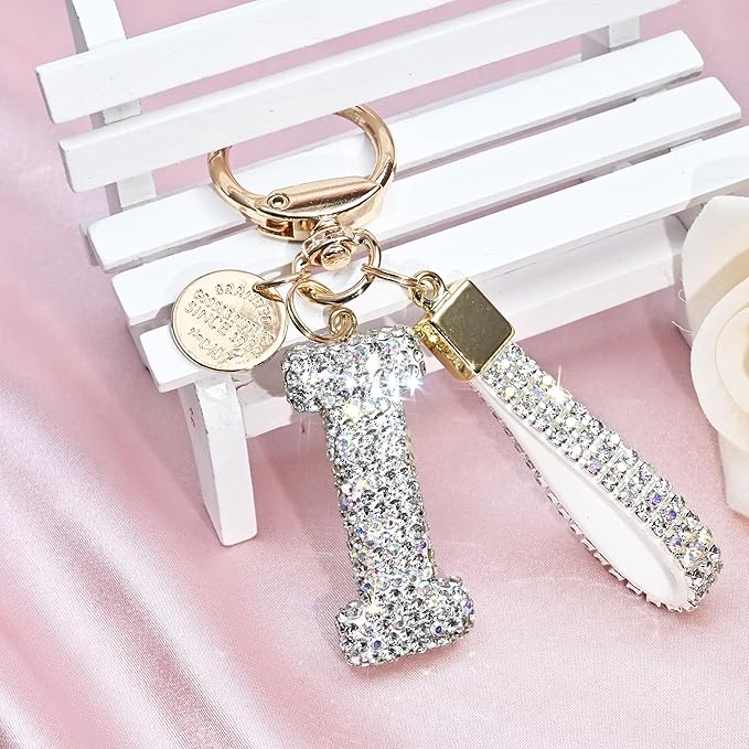 Pink Blue White Initial Letter Keychain Gift for Women Girls Bling Sparkly Cute Backpack Car Key Accessories Lanyard