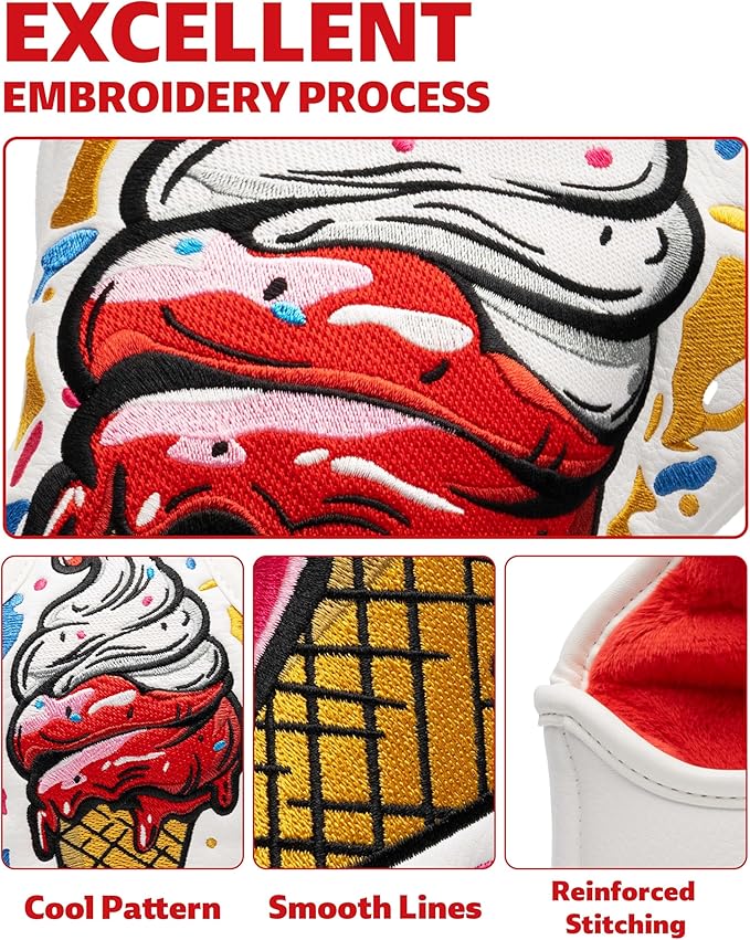 Golf Club Head Covers, Ice Cream Golf Headcovers for Drivers, Fairway Woods, Hybrids, Mallet Blade Putter Cover, Funny Golf Club Covers with Premium PU Leather and Advanced Embroidery for Most Brands