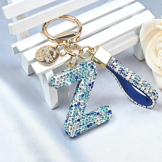Pink Blue White Initial Letter Keychain Gift for Women Girls Bling Sparkly Cute Backpack Car Key Accessories Lanyard
