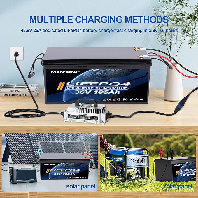 36V 105Ah LiFePO4 Golf Cart Battery with 200A BMS Bluetooth LCD Display 43.8V 25A Charger Mobile APP 10000 Deep Cycles Rechargeable 36V Lithium Battery for Golf Cart ATV Lawn Mower and Off Grid