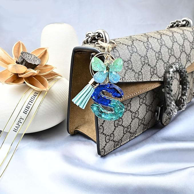 JINGUAZI Initial letter Keychains for Women Tassel Butterfly Pink Purple Cute Car Keychain for Wallet Backpack bag charm