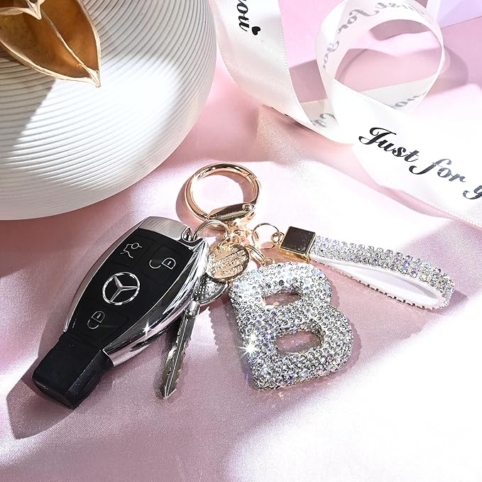 Pink Blue White Initial Letter Keychain Gift for Women Girls Bling Sparkly Cute Backpack Car Key Accessories Lanyard