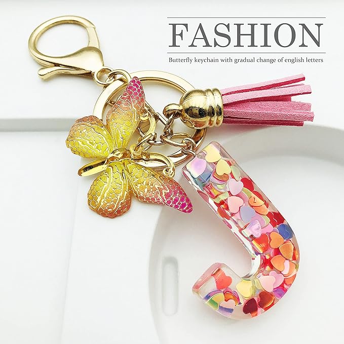 JINGUAZI Initial letter Keychains for Women Tassel Butterfly Pink Purple Cute Car Keychain for Wallet Backpack bag charm