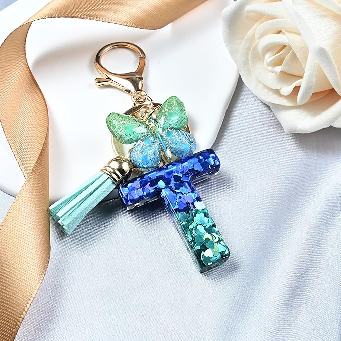 JINGUAZI Initial letter Keychains for Women Tassel Butterfly Pink Purple Cute Car Keychain for Wallet Backpack bag charm