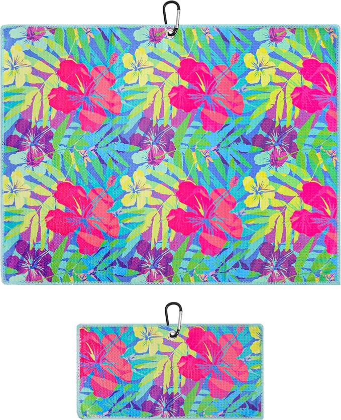 Microfiber Golf Towels for Golf Bags & Carts - Premium Weave Waffle & Ball Towels with Carabiner Clip, Essential Accessories for Men, Women and Kids, Golfer Gifts, Set of 2 (Bright Tropics)