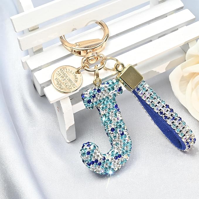 Pink Blue White Initial Letter Keychain Gift for Women Girls Bling Sparkly Cute Backpack Car Key Accessories Lanyard