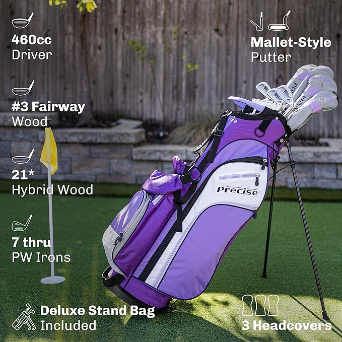 Precise M3 Ladies Complete Right Handed Golf Club Set | Complete Regular & Petite Womens Golf Clubs Set | with 3 HC's, Lightweight Shafts & Spacious Stand Bag w/Storage Pockets & Dual Carrying Straps