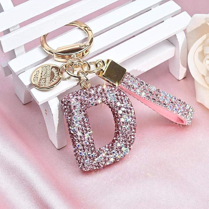 Pink Blue White Initial Letter Keychain Gift for Women Girls Bling Sparkly Cute Backpack Car Key Accessories Lanyard
