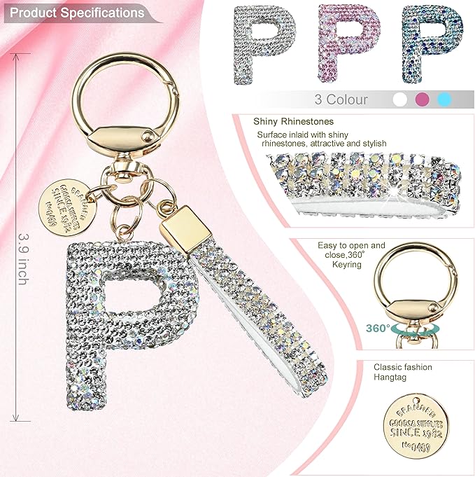 Pink Blue White Initial Letter Keychain Gift for Women Girls Bling Sparkly Cute Backpack Car Key Accessories Lanyard