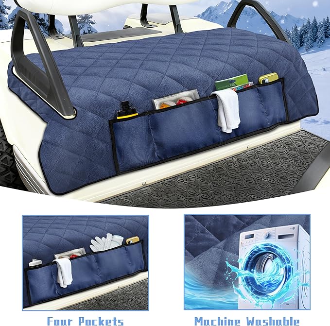 YOKYHOM Golf Cart Seat Covers with 4 Front Pockets, Thick and Non-Slip Golf Cart Seat Towel Blanket, Fits for EZGO, Yamaha, Club Car and More 2 Seats Golf Carts, Navy Blue