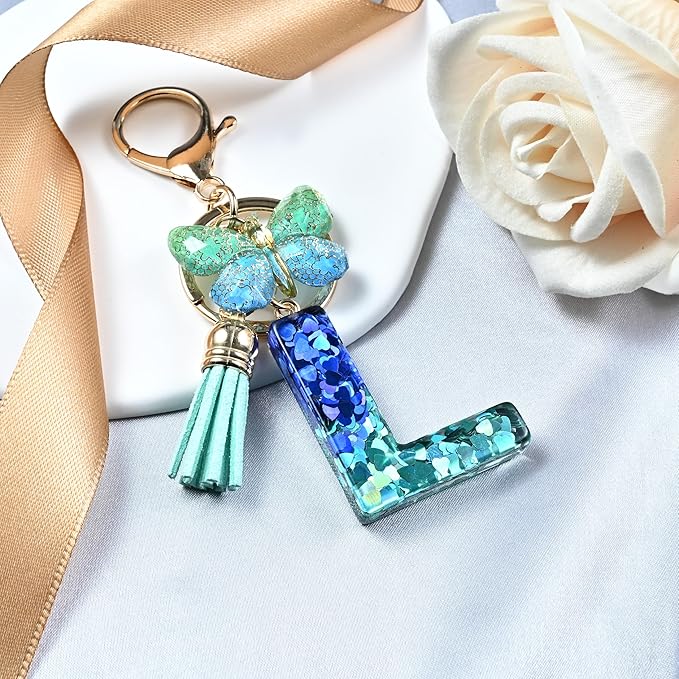 JINGUAZI Initial letter Keychains for Women Tassel Butterfly Pink Purple Cute Car Keychain for Wallet Backpack bag charm