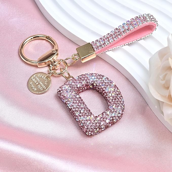 Pink Blue White Initial Letter Keychain Gift for Women Girls Bling Sparkly Cute Backpack Car Key Accessories Lanyard
