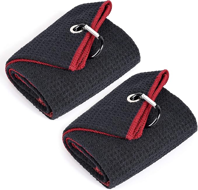 Mile High Life Tri-fold Golf Towel | 16" X 24" | Premium Microfiber Fabric | Waffle Pattern | w Heavy Duty Carabiner Clip | for Men and Women (2 Pack Black/Red)
