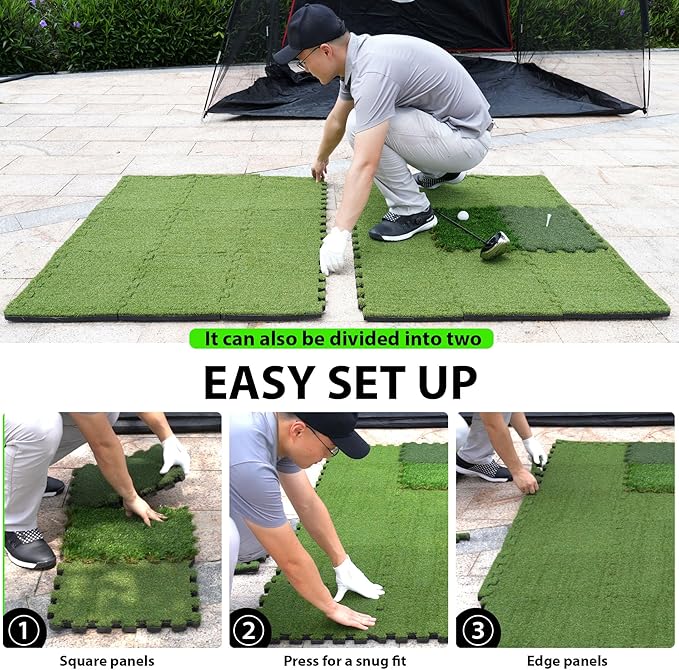 GAIARENA Golf Hitting Mat Premium Indoor & Backyard Practice Mat for Golf Simulator with Interchangeable Tri-Turf Tiles Course Driving Rough Grass 6.3'*3.8'