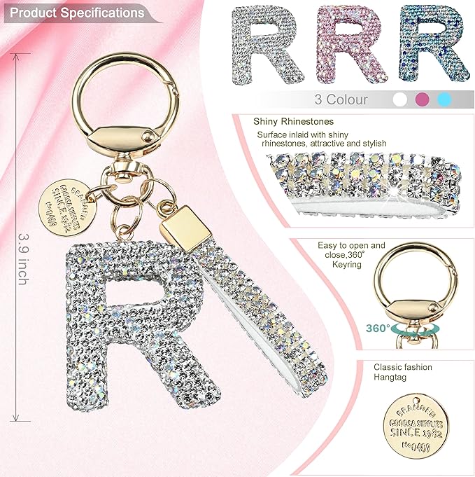 Pink Blue White Initial Letter Keychain Gift for Women Girls Bling Sparkly Cute Backpack Car Key Accessories Lanyard