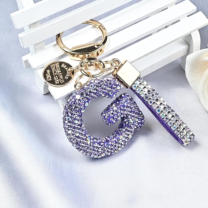 Pink Blue White Initial Letter Keychain Gift for Women Girls Bling Sparkly Cute Backpack Car Key Accessories Lanyard