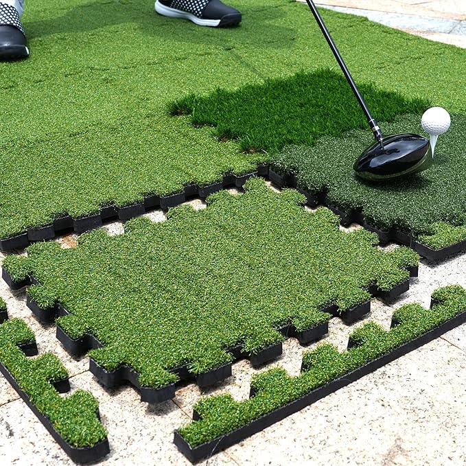 GAIARENA Golf Hitting Mat Premium Indoor & Backyard Practice Mat for Golf Simulator with Interchangeable Tri-Turf Tiles Course Driving Rough Grass 6.3'*3.8'