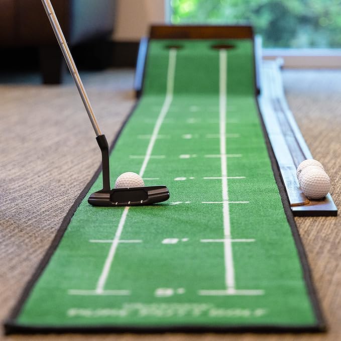GoSports Pure Putt Golf 9 ft Putting Green Ramp - Black or Brown - Premium Wood Training Aid for Home & Office Putting Practice - Includes 4 Golf Balls