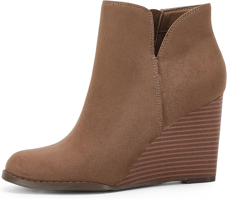 LAICIGO Womens V Cut Wedge Ankle Booties Zip-up Closed Toe Stacked Heel Faux Suede Winter Boots