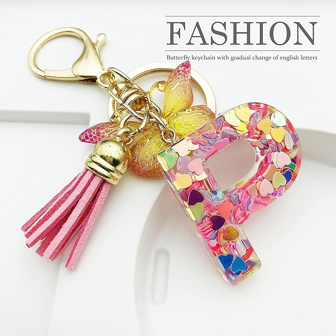 JINGUAZI Initial letter Keychains for Women Tassel Butterfly Pink Purple Cute Car Keychain for Wallet Backpack bag charm