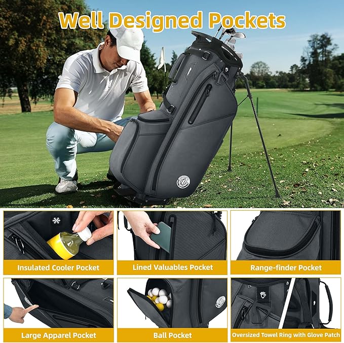 Golf Stand Bag 14 Way, Lightweight Golf Bags for Men Women with Stand, Padded Ergonomic Double Strap, Full Length Dividers, Multiple Pockets, Rain Hood