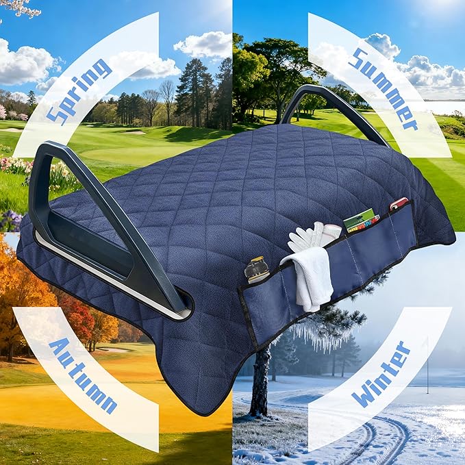 YOKYHOM Golf Cart Seat Covers with 4 Front Pockets, Thick and Non-Slip Golf Cart Seat Towel Blanket, Fits for EZGO, Yamaha, Club Car and More 2 Seats Golf Carts, Navy Blue
