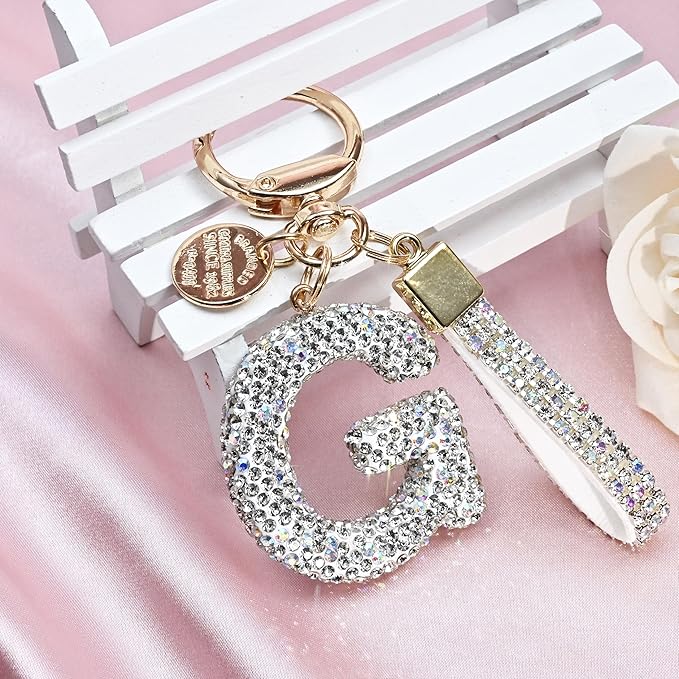 Pink Blue White Initial Letter Keychain Gift for Women Girls Bling Sparkly Cute Backpack Car Key Accessories Lanyard
