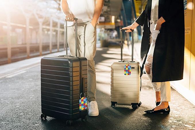 Autism Awareness Puzzles 2 Pcs Luggage Tags, Privacy Cover Id Label with Stainless Steel Loop and Address Card for Suitcases & Travel Bags