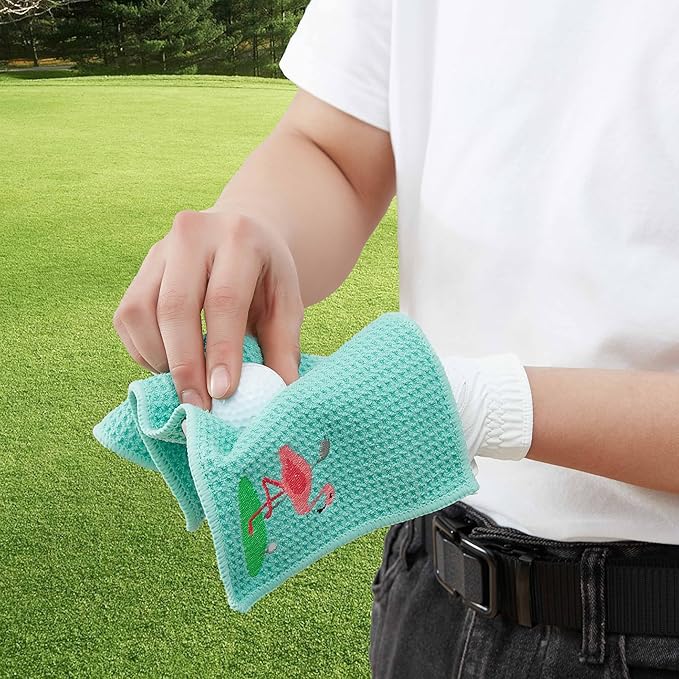 Embroidered Golf Towel Set – Custom Towels for Golf Bags & Carts – Golf Accessories & Gifts for Kids, Men, & Women – Microfiber Waffle and Ball Towels – Flamingo Design - 2-Pack